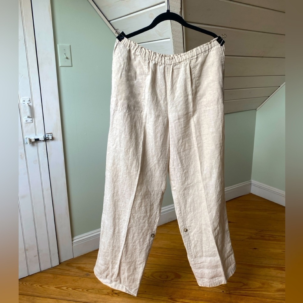 Kate Hill 100% Linen Pants Elastic Waist Drawstring Pocket Ecru Large Roll Leg